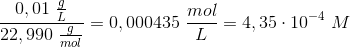 \frac{0,01\; \frac{g}{L}}{22,990\; \frac{g}{mol}}=0,000435 \; \frac{mol}{L}=4,35\cdot 10^{-4}\; M