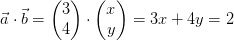 \vec{a}\cdot \vec{b}=\begin{pmatrix} 3\\4 \end{pmatrix}\cdot \begin{pmatrix} x\\y \end{pmatrix} =3x+4y=2