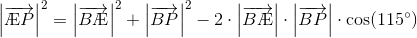 \left |\overrightarrow{\AE P} \right |^2=\left |\overrightarrow{B\AE } \right |^2+\left |\overrightarrow{B P} \right |^2-2\cdot \left |\overrightarrow{B\AE} \right |\cdot \left |\overrightarrow{B P} \right |\cdot \cos(115^{\circ})