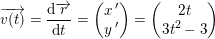 \small \overrightarrow{v(t)}=\frac{\mathrm{d} \overrightarrow{r}}{\mathrm{d} t}=\begin{pmatrix} x{\, }'\\y{\, }' \end{pmatrix}=\begin{pmatrix} 2t\\3t^2-3 \end{pmatrix}