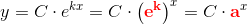 y=C\cdot e^{kx}=C\cdot \left (\mathbf{\color{Red} e^{k}} \right )^x=C\cdot \mathbf{\color{Red} a}^{x}