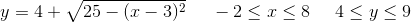 y=4+\sqrt{25-(x-3)^2}\; \; \; \; \; -2\leq x\leq 8\; \; \; \; \; 4\leq y\leq 9