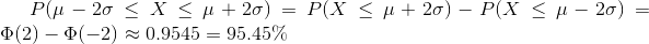 P(\mu -2\sigma \leq X \leq \mu + 2\sigma) = P(X \leq \mu + 2\sigma) - P(X \leq \mu -2\sigma) = \Phi(2) - \Phi(-2) \approx 0.9545 = 95.45 \%