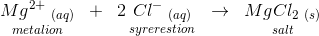 \underset{metalion}{Mg^{2+}\; _{(aq)}}\; \; +\; \; 2\, \underset{syrerestion}{Cl^-\; _{(aq)}}\; \; \rightarrow \; \; \underset{salt}{MgCl_2\; _{(s)}}