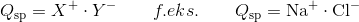 Q_\mathrm{sp}=X^+ \cdot Y^-\qquad f.eks.\qquad Q_\mathrm{sp}=\mathrm{Na^+ \cdot Cl^- }