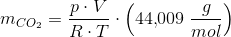 m_{CO_2}=\frac{p\cdot V}{R\cdot T}\cdot \left ( 44{,}009\; \frac{g}{mol} \right )