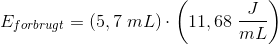 E_{forbrugt}= \left ( 5,7\; mL \right )\cdot \left ( 11,68\; \frac{J}{mL} \right )