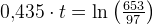 0{,}435\cdot t=\ln\left (\tfrac{653}{97} \right )