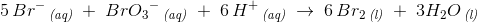 5\, Br^{-}\, _{\textit{(aq)}}\; +\; {BrO_3}^-\, _{\textit{(aq)}}\; +\; 6\, H^+\, _{\textit{(aq)}}\; \rightarrow \; 6\, Br_2\, _{\textit{(l)}}\; +\; 3H_2O\, _{\textit{(l)}}