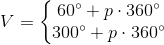V=\left\{\begin{matrix} 60^{\circ}+p\cdot 360^{\circ} \\ 300^{\circ}+p\cdot 360^{\circ} \end{matrix}\right.