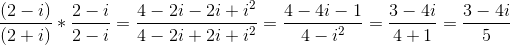 \frac{(2-i)}{(2+i)}*\frac{2-i}{2-i}=\frac{4-2i-2i+i^{2}}{4-2i+2i+i^{2}}=\frac{4-4i-1}{4-i^{2}}=\frac{3-4i}{4+1}=\frac{3-4i}{5}