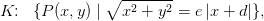 K\! \! :\; \; \{P(x,y)\; |\; \sqrt{x^2+y^2}=e\left | x+d \right |\},