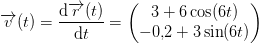 \overrightarrow{v}(t)=\frac{\mathrm{d} \overrightarrow{r}(t)}{\mathrm{d} t}=\begin{pmatrix} 3+6\cos(6t)\\ -0{,}2+3\sin(6t) \end{pmatrix}