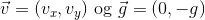 \vec{v} = (v_x,v_y) \text{ og } \vec{g} = (0,-g)