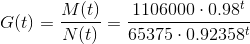 G(t)=\frac{M(t)}{N(t)}=\frac{1106000\cdot 0.98^t}{65375\cdot 0.92358^t}