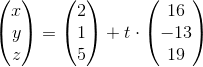 \begin{pmatrix} x\\y \\ z \end{pmatrix}=\begin{pmatrix} 2\\1 \\ 5 \end{pmatrix}+t\cdot \begin{pmatrix} 16\\-13 \\ 19 \end{pmatrix}