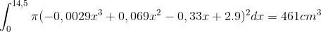 \int_{0}^{14,5} \pi (-0,0029x^{3}+0,069x^{2}-0,33x+2.9)^{2}dx = 461cm^{3}