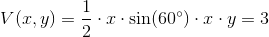 V(x,y)=\frac{1}{2}\cdot x\cdot \sin(60^\circ)\cdot x\cdot y=3