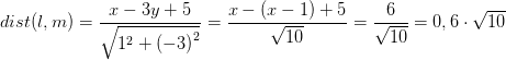 dist(l,m)=\frac{x-3y+5}{\sqrt{1^2+\left (-3 \right )^2}}=\frac{x-\left ( x-1 \right )+5}{\sqrt{10}}=\frac{6}{\sqrt{10}}=0,6\cdot \sqrt{10}