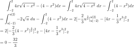 \int_{-2}^{2}4x\sqrt{4-x^2}-(4-x^2)dx=\int_{-2}^{2}4x\sqrt{4-x^2}\ dx - \int_{-2}^{2}(4-x^2)dx \\ \\ =\int_{u(-2)}^{u(2)}-2\sqrt{u}\ du - \int_{-2}^{2}(4-x^2)dx = 2[-\frac{2}{3}u^{\frac{3}{2}}]^{u(2)}_{u(-2)} -[4x-\frac{1}{3}x^3]^2_{-2} \\ \\ =2[-\frac{2}{3}(4-x^2)^{\frac{3}{2}}]^{2}_{-2} -[4x-\frac{1}{3}x^3]^2_{-2} \\ \\ = 0 - \frac{32}{3}