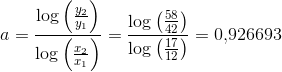 a=\frac{\log\left (\frac{y_2}{y_1} \right )}{\log\left ( \frac{x_2}{x_1} \right )}=\frac{\log\left (\frac{58}{42} \right )}{\log\left ( \frac{17}{12} \right )}=0{,}926693