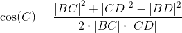 \cos(C)=\frac{\left | BC \right |^2+|CD|^2-|BD|^2}{2\cdot \left | BC \right |\cdot \left | CD \right |}