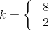k=\left \{ \begin{matrix} -8\\-2 \end{matrix}