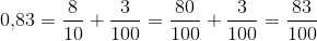 0{,}83=\frac{8}{10}+\frac{3}{100}=\frac{80}{100}+\frac{3}{100}=\frac{83}{100}