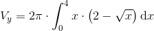 V_y=2\pi \cdot \int_{0}^{4}x\cdot \left ( 2-\sqrt{x} \right )\mathrm{d}x