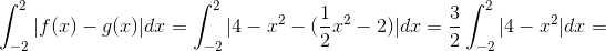 \int_{-2}^{2}|f(x)-g(x)|dx = \int_{-2}^{2}|4-x^{2}-(\frac{1}{2}x^{2}-2)|dx =\frac{3}{2}\int_{-2}^{2}|4-x^{2}|dx =