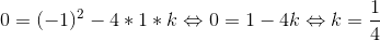 0=(-1)^2-4*1*k\Leftrightarrow 0=1-4k\Leftrightarrow k=\frac{1}{4}