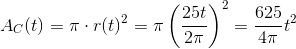 A_C(t) = \pi \cdot r(t)^2 = \pi \left( \frac{25t}{2\pi} \right )^2 = \frac{625}{4\pi} t^2