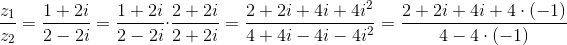 \frac{z_{1}}{z_{2}}=\frac{1+2i}{2-2i}=\frac{1+2i}{2-2i}\cdot\frac{2+2i}{2+2i}=\frac{2+2i+4i+4i^{2}}{4+4i-4i-4i^{2}}=\frac{2+2i+4i+4\cdot (-1)}{4-4\cdot (-1)}