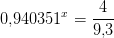 0{,}940351^x=\frac{4}{9{,}3}