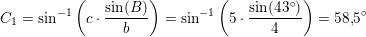 \small \small C_1=\sin^{-1}\left ( c\cdot \frac{\sin(B)}{b} \right )=\sin^{-1}\left ( 5\cdot \frac{\sin(43^\circ)}{4} \right )=58{,}5^\circ
