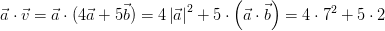\vec{a} \cdot \middot \vec{v }=\vec{a}\cdot (4\vec{a}+5 \vec{b})=4\left |\vec{a} \right |^2+5\cdot \left (\vec{a }\cdot \vec{b} \right )=4\cdot 7^2+5\cdot 2