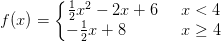 f(x)=\left\{\begin{matrix} \frac{1}{2}x^2-2x+6\; \; \; \; \; x< 4\\-\frac{1}{2}x+8\; \; \; \; \;\; \; \; \; \; \; \; x\geq 4 \end{matrix}\right.
