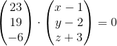 \begin{pmatrix} 23\\19 \\ -6 \end{pmatrix}\cdot \begin{pmatrix} x-1\\y-2 \\ z+3 \end{pmatrix}=0