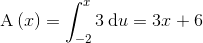 \textup{A}\left ( x \right )=\int_{-2}^{x}3\: \textup{d}u=3x+6