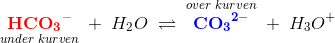 \underset{under\; kurven}{\bold{\color{Red} HC{O_3}^-}}\; +\; H_2O\; \rightleftharpoons \;\overset{over\; kurven}{\bold{\color{Blue} C{O_3}^{2-}}}\; +\; H_3O^+