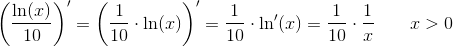 \left (\frac{\ln(x)}{10} \right ){}'=\left (\frac{1}{10}\cdot \ln(x) \right ){}'=\frac{1}{10}\cdot \ln{}'(x)=\frac{1}{10}\cdot \frac{1}{x}\; \; \; \; \; \; \; x>0