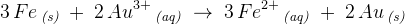 3\, Fe\, _{\textit{(s)}}\; +\; 2\, Au^{3+}\, _{\textit{(aq)}}\; \rightarrow \; 3\, Fe^{2+}\, _{\textit{(aq)}}\; +\; 2\, Au\, _{\textit{(s)}}