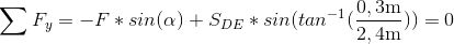 \sum F_y=-F*sin(\alpha)+S_{DE}*sin(tan^{-1}(\frac{0,3 \mbox{m}}{2,4 \mbox{m}}))=0