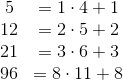 \begin{matrix} 5&=1\cdot4 + 1 \\ 12&=2\cdot 5 +2 \\ 21 &= 3\cdot 6 +3 \\ 96 &= 8\cdot 11 + 8 \end{matrix}