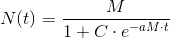 N(t)=\frac{M}{1+C\cdot e^{-aM\cdot t}}