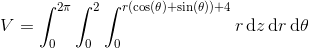 V = \int_0^{2\pi}\int_0^2\int_0^{r(\cos(\theta)+\sin(\theta))+4} r \, \mathrm dz\, \mathrm dr\,\mathrm d\theta