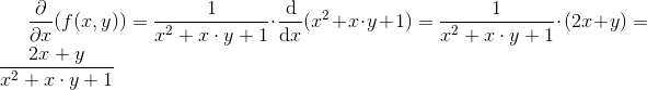 \frac{\partial }{\partial x}(f(x,y))=\frac{1}{x^2 + x\cdot y +1} \cdot \frac{\mathrm{d} }{\mathrm{d} x}(x^2 + x\cdot y +1)= \frac{1}{x^2 + x\cdot y +1}\cdot (2x+y )= \frac{2x+y }{x^2 + x\cdot y +1}