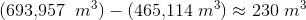 \left ( 693{,} 957\right \; m^3)-(465{,}114\; m^3)\approx 230\; m^3