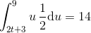 \int_{2t+3}^{9}u\, \frac{1}{2}\textup{d}u=14