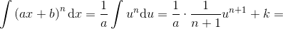 \int \left ( ax+b \right )^n\textup{d}x=\frac{1}{a}\int u^n\textup{d}u=\frac{1}{a}\cdot \frac{1}{n+1}u^{n+1}+k=